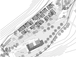 Detailed architectural blueprint of a modern residential property with multiple buildings and landscaping.