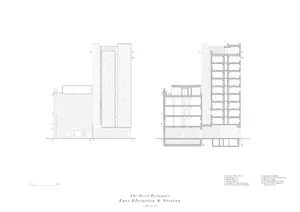 A technical architectural drawing showing the elevation and section of a building called The Hotel Britomart.