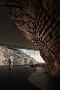 A modern hotel lobby featuring a unique wooden wall design