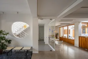 A modern office space featuring contemporary materials and design.
