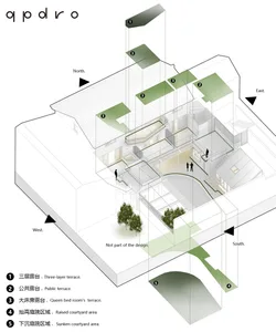 Modern residential floor plan featuring concrete elements and outdoor terraces.