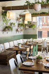 A modern restaurant interior with green wooden tables and chairs, white pendant lights, and hanging plants.