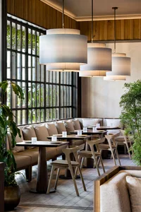 Modern restaurant interior featuring wood and plants