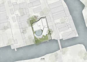 A detailed architectural plan featuring a landscape design with greenery, water features, concrete surfaces, and glass elemen