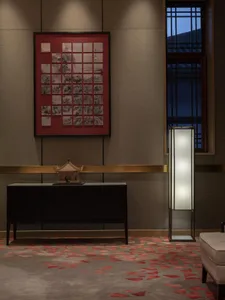 A modern interior design featuring glass and wood elements, showcasing contemporary style and elegance.