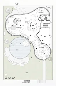 Floor plan of a modern office space with a variety of seating areas, workstations, and a central courtyard.