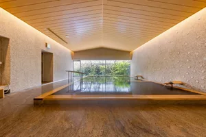 An indoor spa pool with concrete walls and a wooden deck, surrounded by greenery and illuminated by soft, ambient lighting.