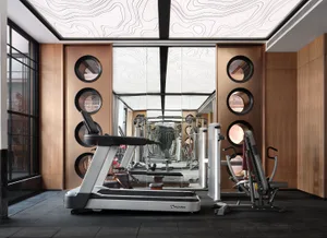 A modern, minimalist commercial gym interior with metallic and glass elements.