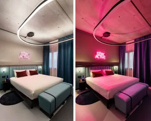 A minimalist bedroom with concrete walls, neon lighting, and a white bed.