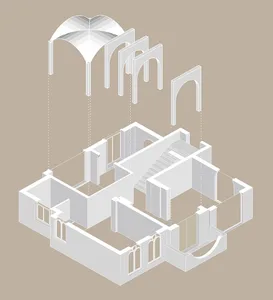 Isometric architectural drawing of a building with neutral-colored walls and ceiling, featuring an arched dome and internal s