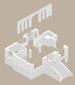 Modern interior design featuring a floor plan with concrete elements, suitable for a contemporary residential or commercial s