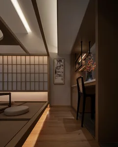 A modern living room featuring wooden flooring and furniture, with a sleek, contemporary design.