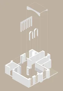 3D rendering of a modern interior with white walls and concrete elements.