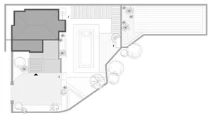 An architectural floor plan of a modern house with a pool, garden, and outdoor patio.