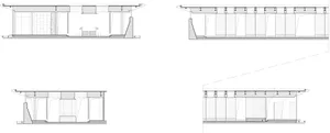 A technical drawing of a modern interior space with white structural elements such as columns, beams, and floors.