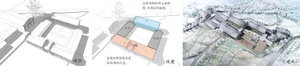 An architectural rendering of a building on paper.