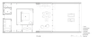 Floor plan of a minimalist bedroom with a double bed, nightstand, and lamp in a rectangular room with white walls and a white