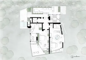 Floor plan of a modern apartment with concrete floors and glass walls