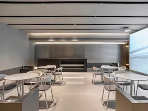Modern coffee shop interior with metal accents