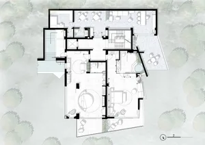 Modern living room with tile flooring and open layout.