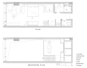 Floor plan layout of a modern living space with light-colored materials and a minimalist design.