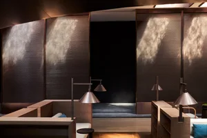 A modern lobby featuring a combination of wood, metal, and glass materials.