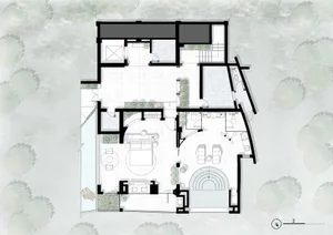 Modern residential floor plan with living room, kitchen, bedrooms, bathrooms, and outdoor patio area.