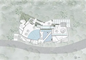 A modern residential design plan with glass walls, concrete areas, and green plants.