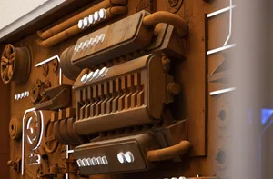 A detailed photograph of a mechanical installation made of metal