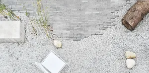 Minimalist landscape design featuring concrete pathways and gravel ground covering.
