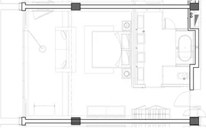Floor plan of a modern bedroom featuring laminates and metal elements.