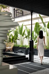 A modern residential interior featuring lush green plants on a black and white checkered floor.