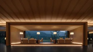 A minimalist lobby with wooden panels and floor-to-ceiling windows offering a view of the mountains.