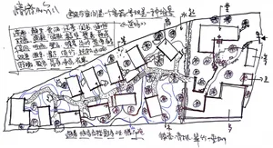 Floor plan of a residential space with labeled rooms and pathways.