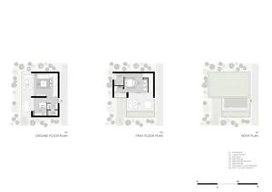 Detailed architectural drawings showing the ground floor, first floor, and roof of a residential building.