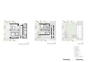 Modern residential floor plans showing ground and first floors with various rooms and terraces.