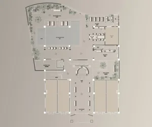 A detailed architectural plan of a building's swimming pool and gym area, featuring concrete and glass materials.