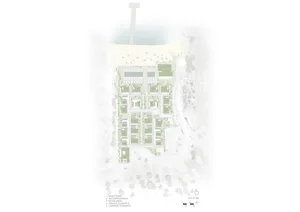 A detailed architectural site plan showing the layout of a residential area with various buildings and landscaping elements.