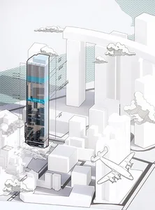 3D architectural rendering of a cityscape with skyscrapers and airplanes