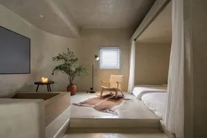 A minimalist bedroom with concrete flooring, a chair, a plant, and a floor lamp.