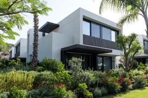 Modern architecture featuring a house with concrete exterior and large windows surrounded by greenery and palm trees.