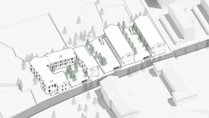 Modern building plan with labeled rooms and trees.