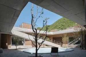 Modern courtyard with concrete architecture and natural elements