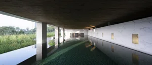 A modern interior featuring marble and glass materials.