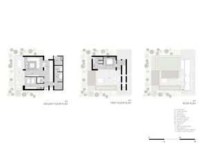 Floor plan of a modern residential building showing ground floor, first floor, and roof plans.