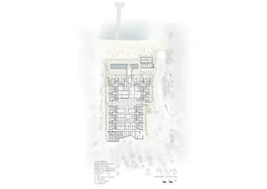 Detailed 2D technical drawing of a residential building's floor plan, featuring concrete materials and a modern design.