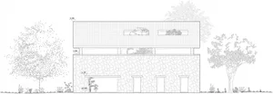 Building walls and roof depicted in architectural drawings, showing design features and dimensions.
