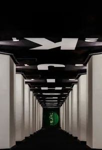 A minimalist corridor with black and white metallic elements.