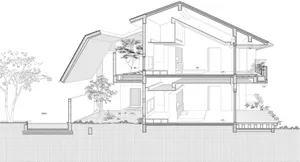 現代兩層木造住宅的剖面建築圖。