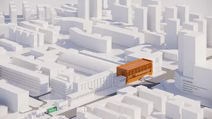 都市環境的詳細 3D 建築渲染圖。